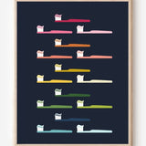 Modern bathroom art print of toothbrushes in rainbow colors arranged in rows on navy background.