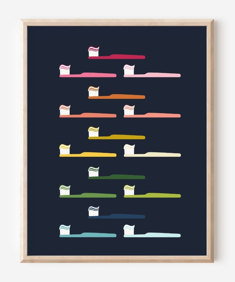 Modern bathroom art print of toothbrushes in rainbow colors arranged in rows on navy background.