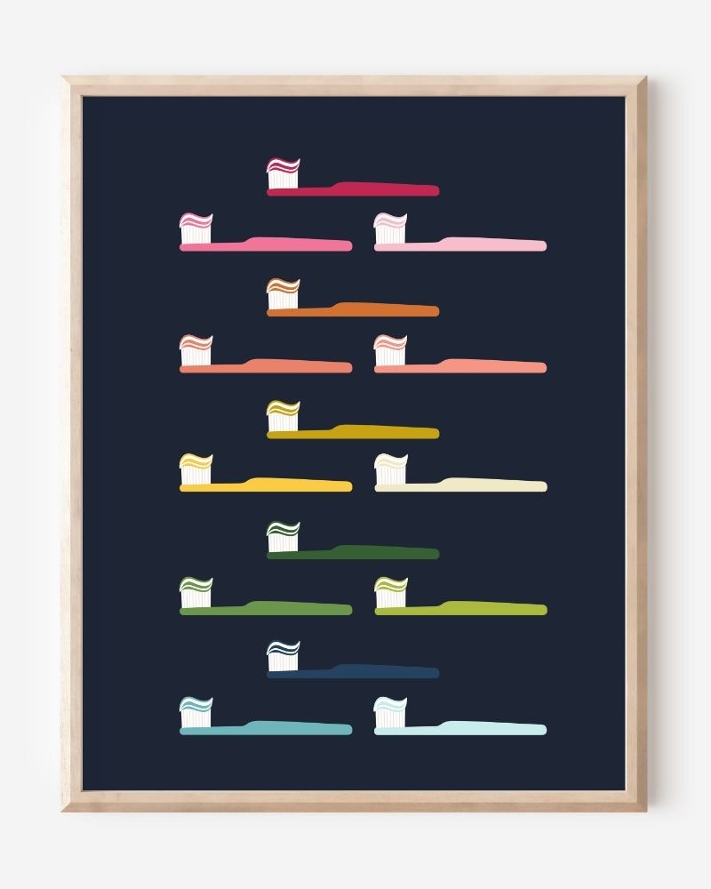 Modern bathroom art print of toothbrushes in rainbow colors arranged in rows on navy background.