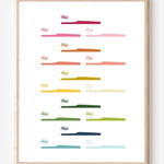 Modern bathroom art print of toothbrushes in rainbow colors arranged in rows on white background.