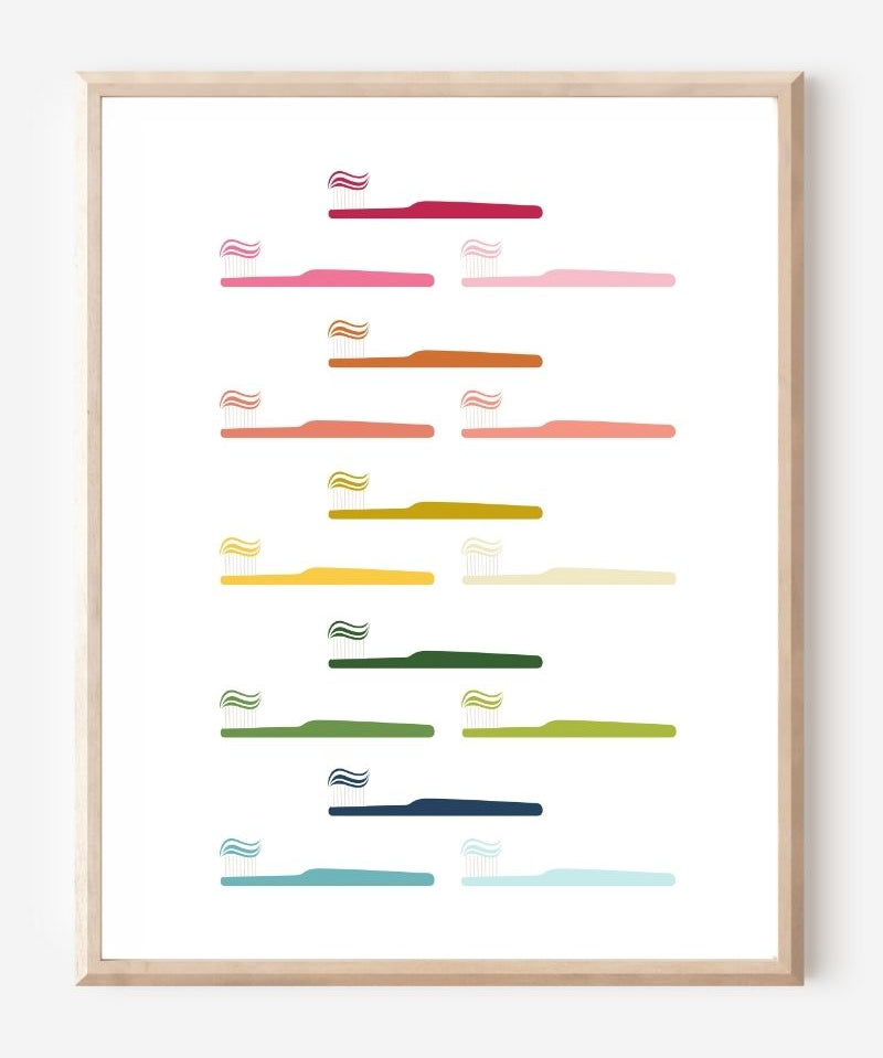 Modern bathroom art print of toothbrushes in rainbow colors arranged in rows on white background.