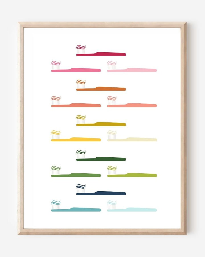 Modern bathroom art print of toothbrushes in rainbow colors arranged in rows on white background.