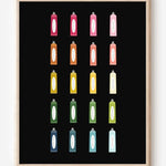 Minimalist bathroom wall art print showing colorful toothpaste tubes in a grid on a black background.