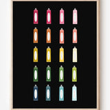 Minimalist bathroom wall art print showing colorful toothpaste tubes in a grid on a black background.