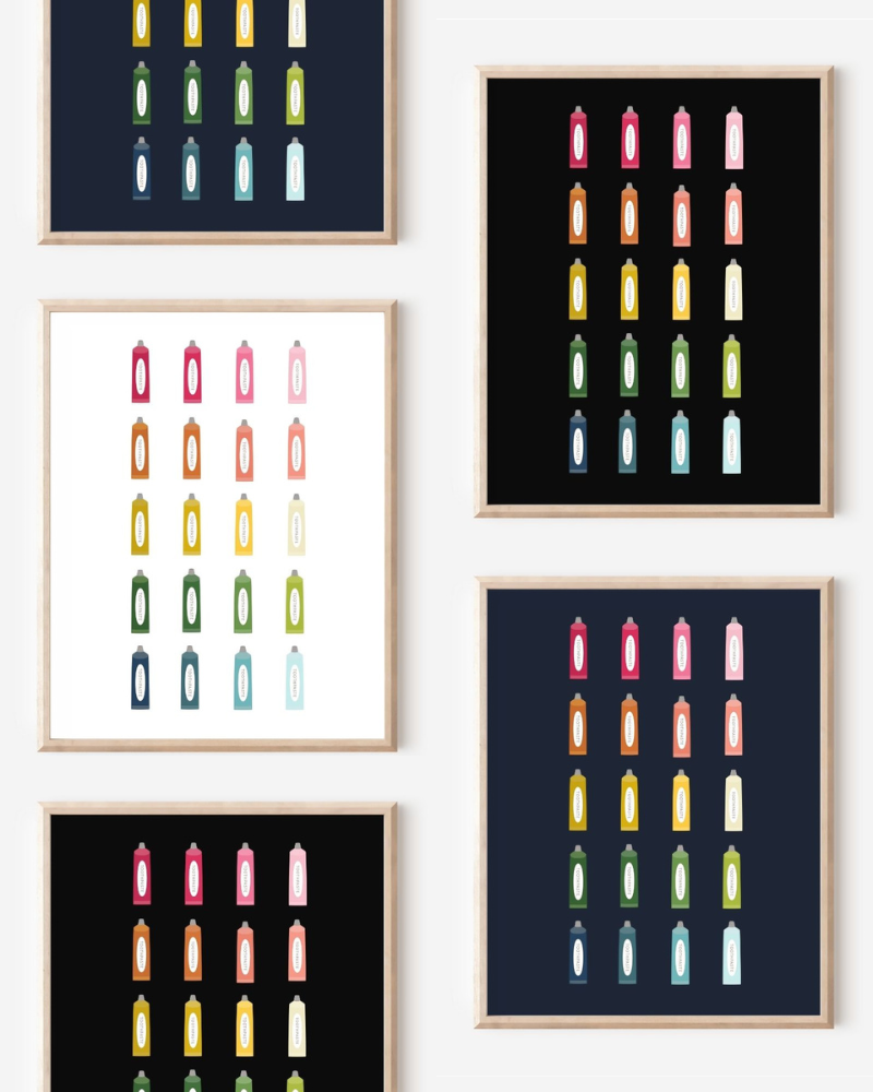 Framed art prints featuring minimalist illustrations of Toothpaste in rainbow hues on black, navy blue and white backgrounds.