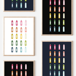 Framed art prints featuring minimalist illustrations of Toothpaste in rainbow hues on black, navy blue and white backgrounds.