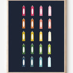 Minimalist bathroom wall art print showing colorful toothpaste tubes in a grid on a navy background.