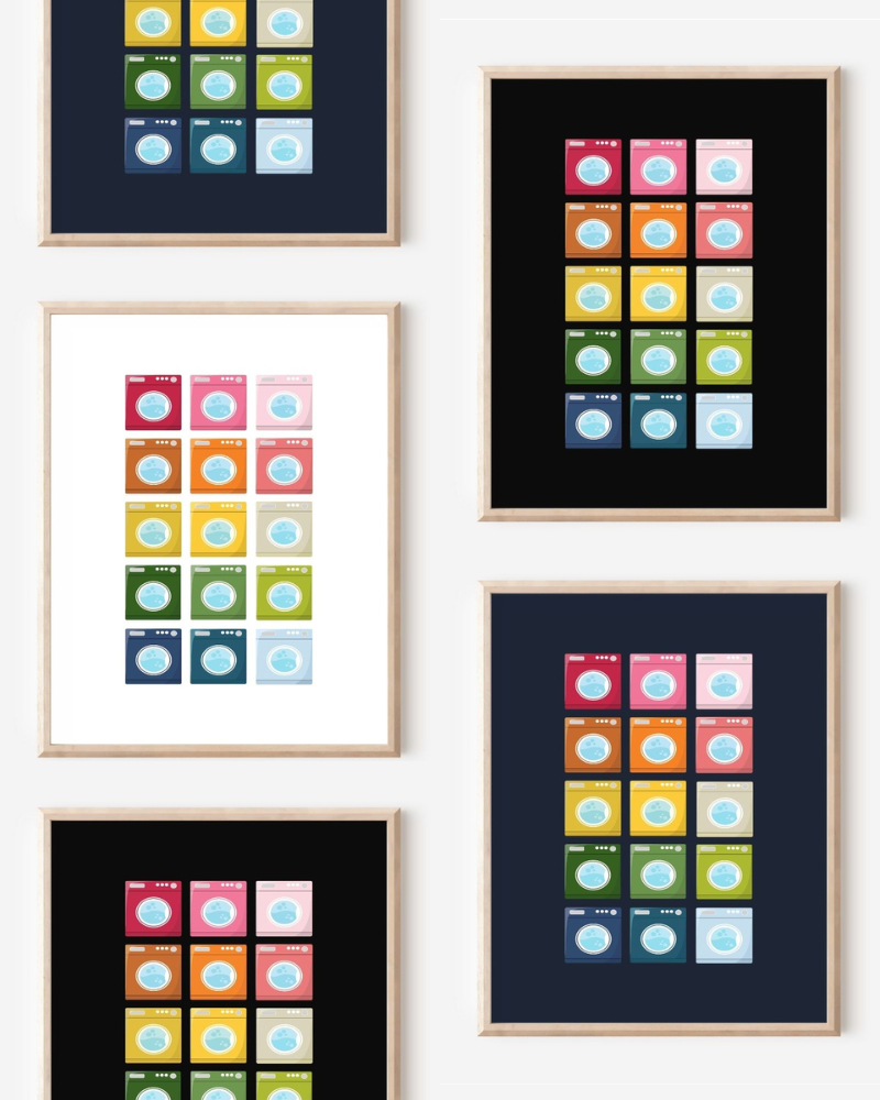 Framed art prints featuring minimalist illustrations of Washing Machines in rainbow hues on black, navy blue and white backgrounds.