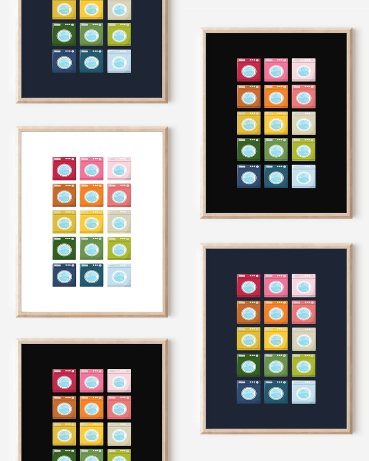 Framed art prints featuring minimalist illustrations of Washing Machines in rainbow hues on black, navy blue and white backgrounds.
