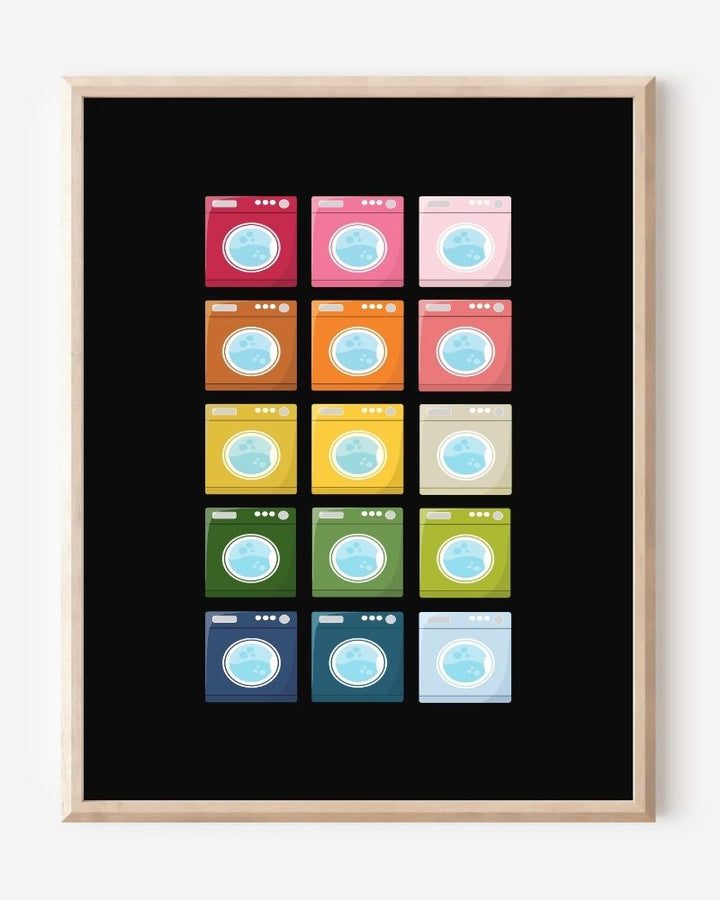 Laundry room art print showing colorful washing machines in a playful grid pattern on a black background. 