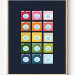 Laundry room art print showing colorful washing machines in a playful grid pattern on a navy background. 