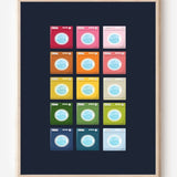 Laundry room art print showing colorful washing machines in a playful grid pattern on a navy background. 