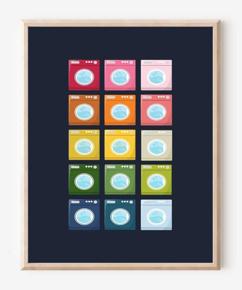 Laundry room art print showing colorful washing machines in a playful grid pattern on a navy background. 