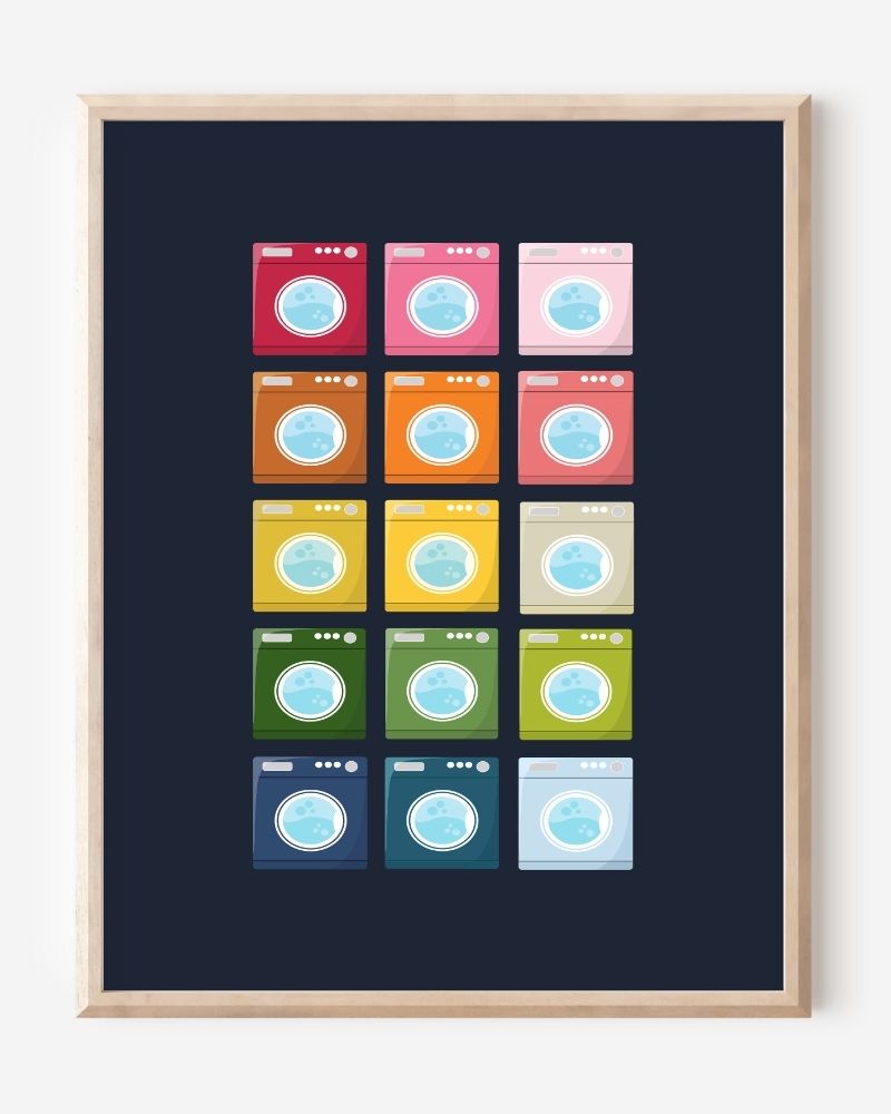 Laundry room art print showing colorful washing machines in a playful grid pattern on a navy background. 