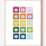 Laundry room art print showing colorful washing machines in a playful grid pattern on a white background. 