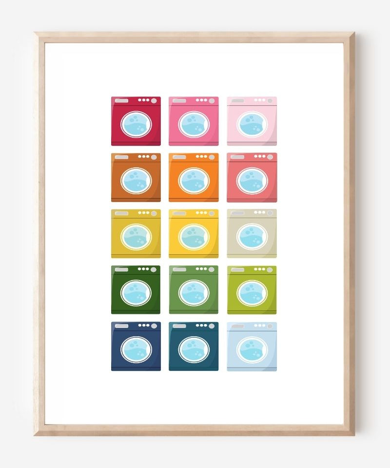 Laundry room art print showing colorful washing machines in a playful grid pattern on a white background. 