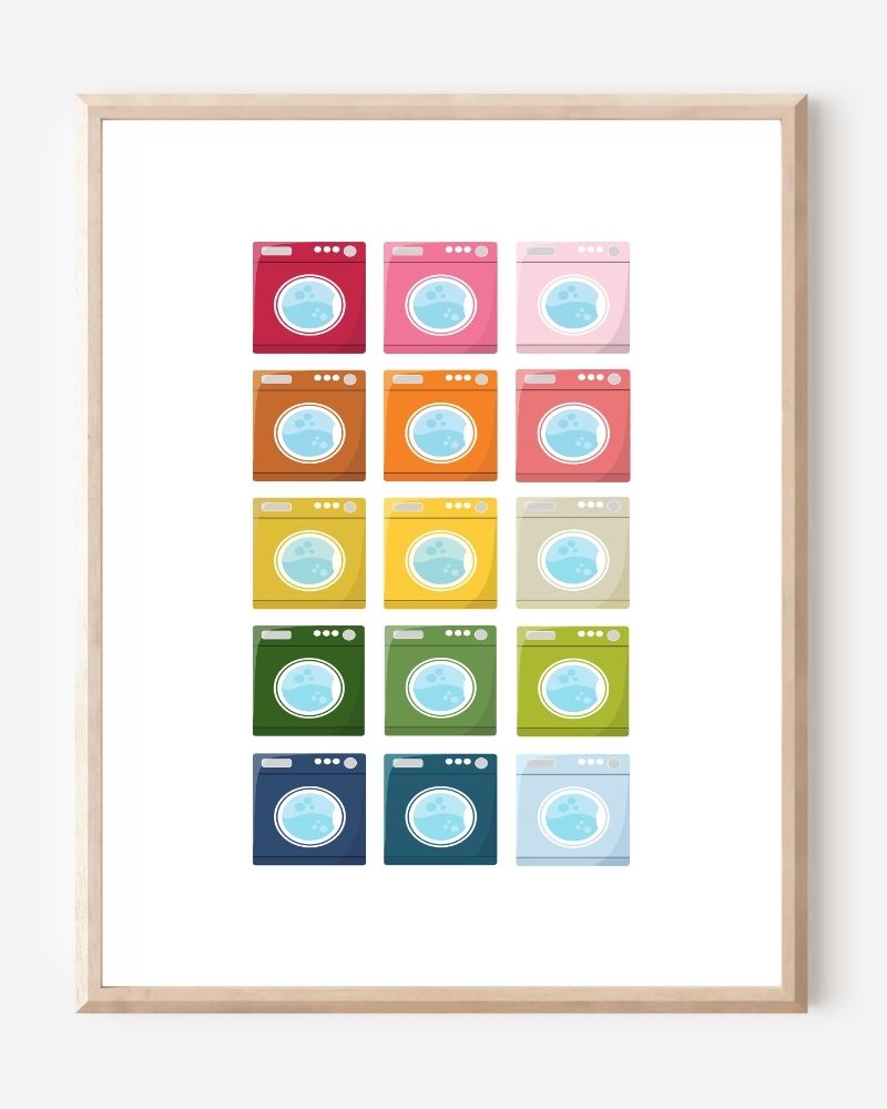 Laundry room art print showing colorful washing machines in a playful grid pattern on a white background. 