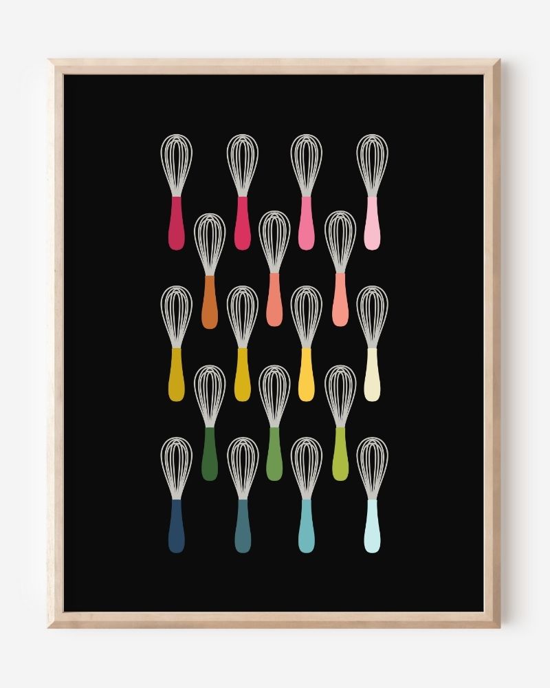 Kitchen wall art showing simple graphic whisks in ombre rainbow hues arranged in rows on a black background.