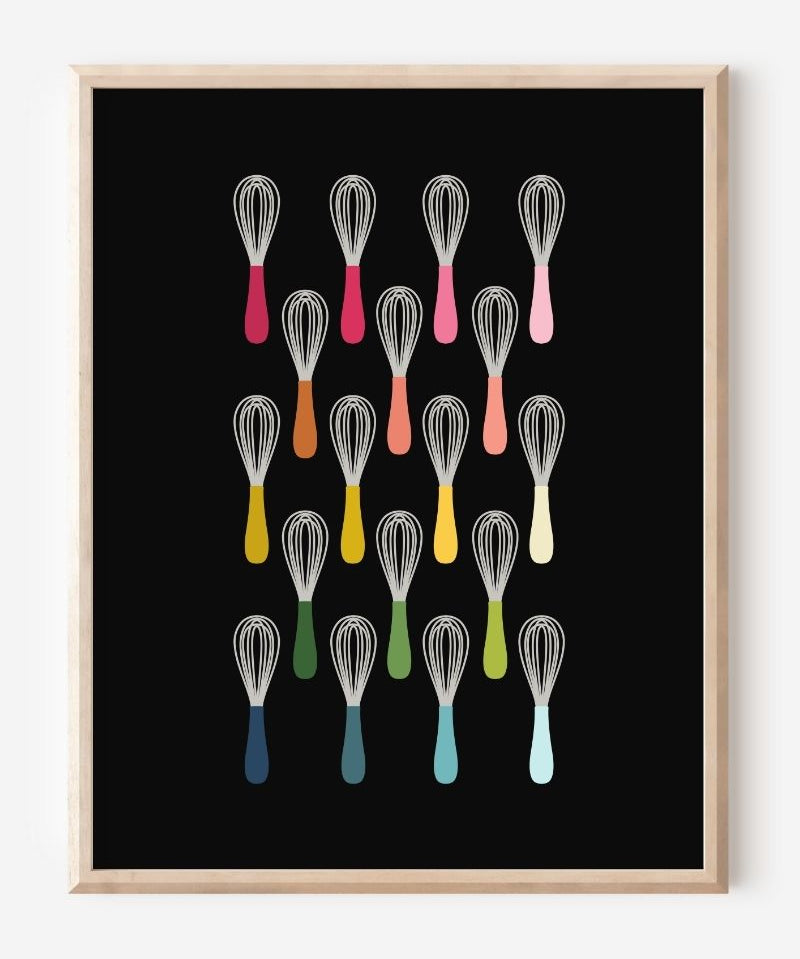 Kitchen wall art showing simple graphic whisks in ombre rainbow hues arranged in rows on a black background.