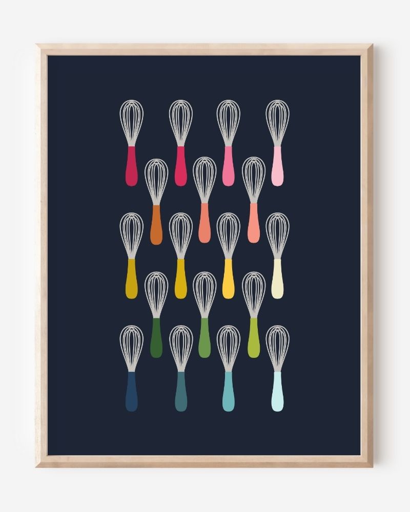 Kitchen wall art showing simple graphic whisks in ombre rainbow hues arranged in rows on a navy background.