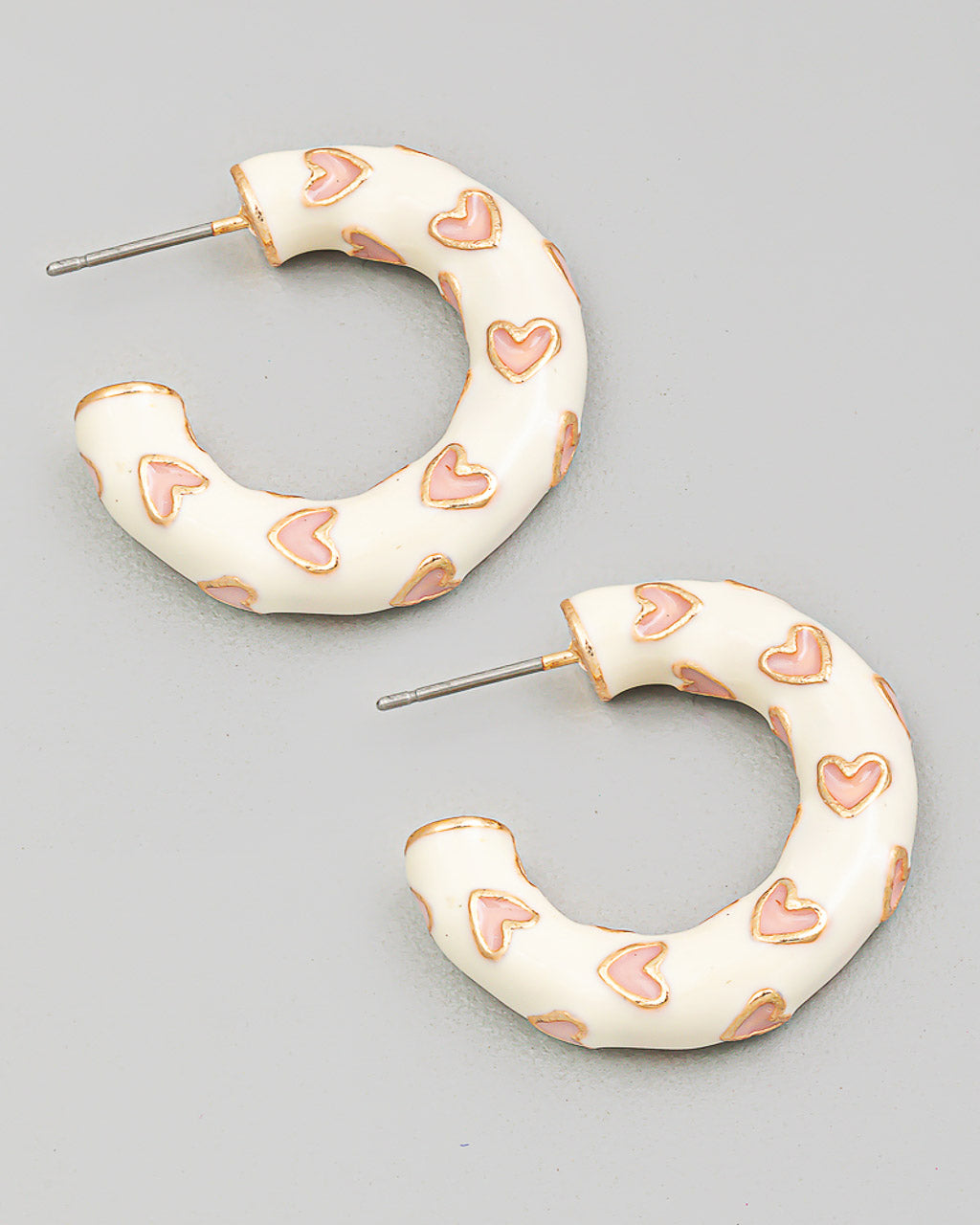 White and Pink Enamel Heart Hoop Earrings