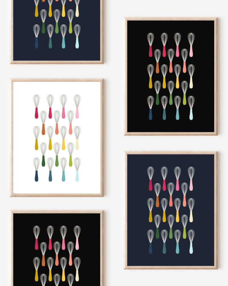 Framed art prints featuring minimalist illustrations of Wisks in rainbow hues on black, navy blue and white backgrounds.