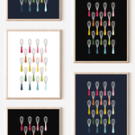 Framed art prints featuring minimalist illustrations of Wisks in rainbow hues on black, navy blue and white backgrounds.