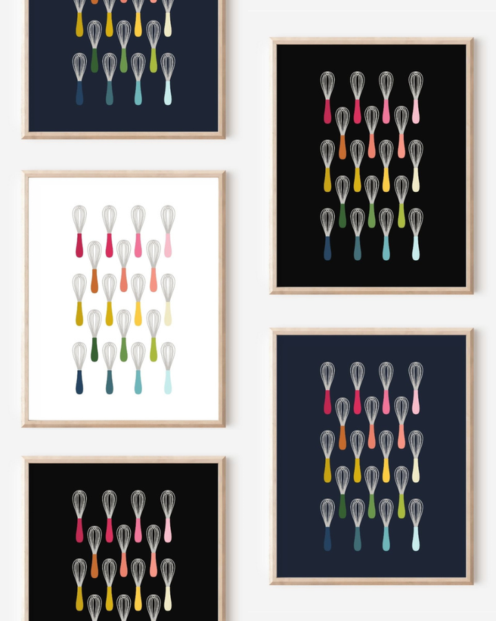 Framed art prints featuring minimalist illustrations of Wisks in rainbow hues on black, navy blue and white backgrounds.