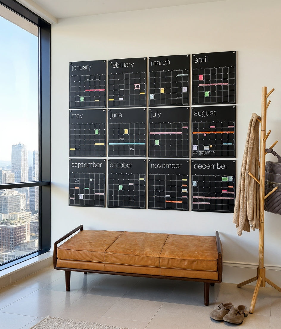 Large black wall calendar displayed with a modern interior setting featuring a leather bench and coat rack