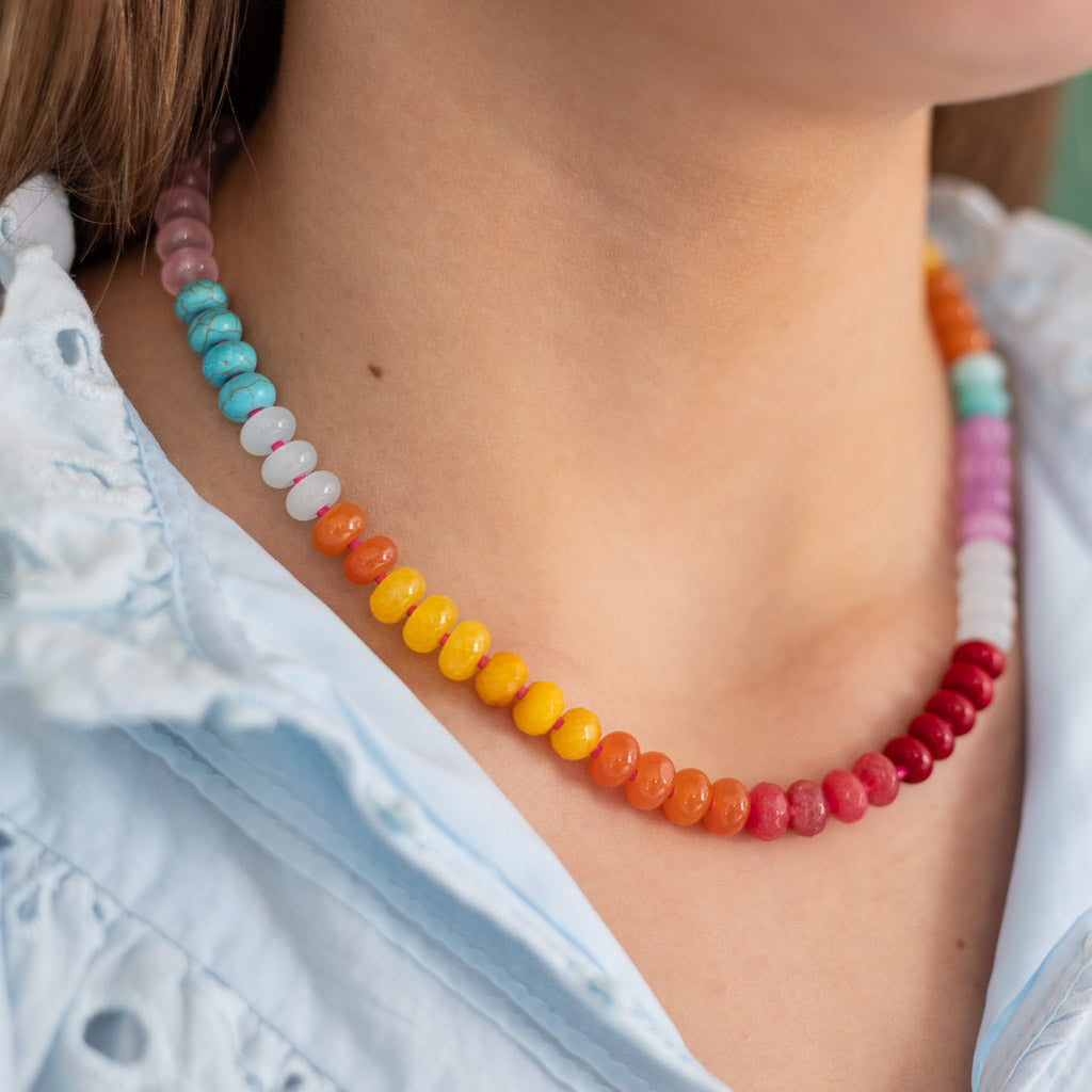Close up of bright colored stone beaded necklace from Kaleidoscope Living.