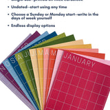 graphic listing product features of letter-size monthly wall calendar in rainbow colors by Kaleidoscope Living