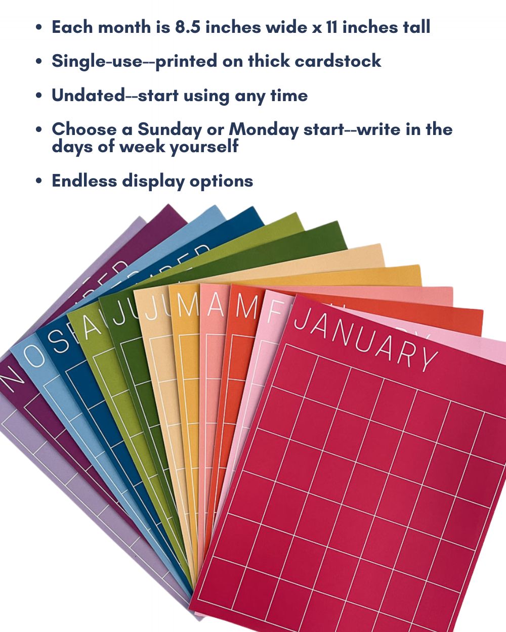 graphic listing product features of letter-size monthly wall calendar in rainbow colors by Kaleidoscope Living