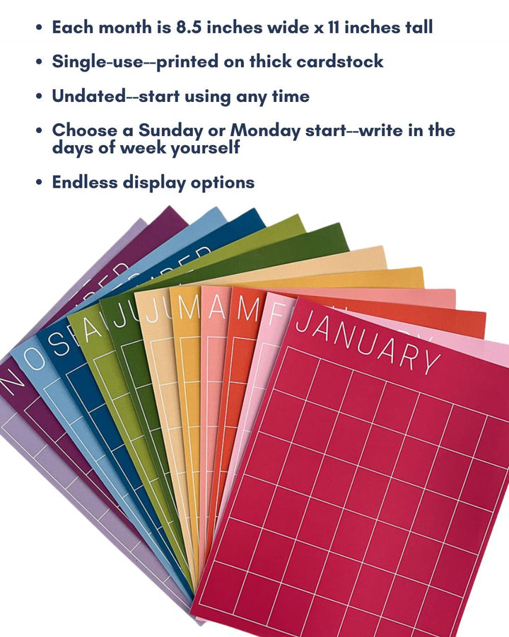 graphic listing product features of letter-size monthly wall calendar in rainbow colors by Kaleidoscope Living