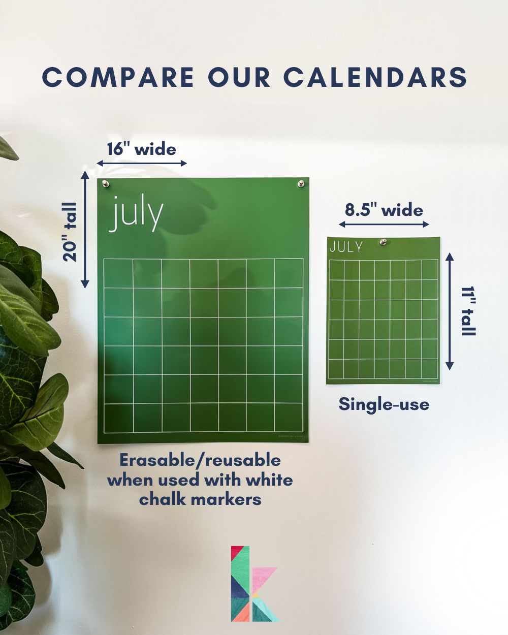 image showing size difference in small and large monthly wall calendars in rainbow colors by Kaleidoscope Living