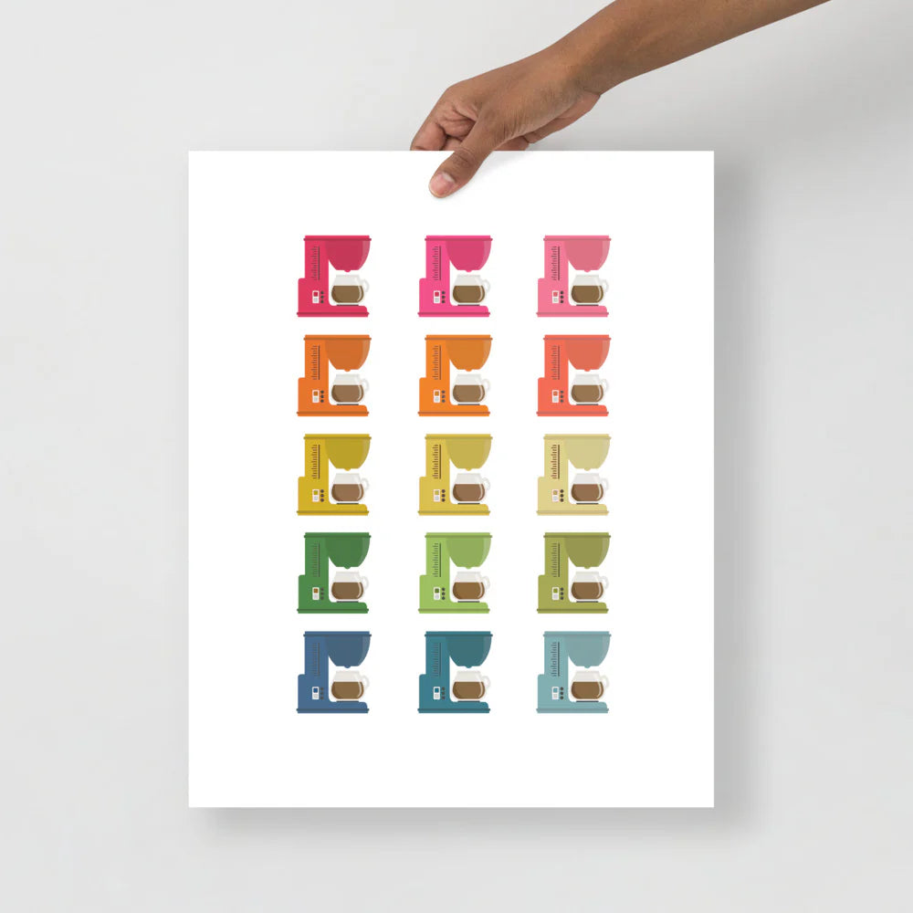 kitchen art print with a white background and grid of colorful clip art of coffee makers in ombre rainbow colors ranging from pinks to blues