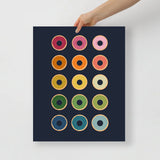 kitchen art print with a navy background and grid of colorful clip art of donuts in ombre rainbow colors ranging from pinks to blues