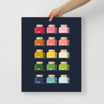 kitchen art print with a navy background and grid of colorful clip art of toasters in ombre rainbow colors ranging from pinks to blues
