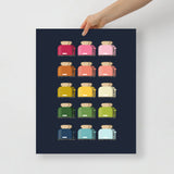 kitchen art print with a navy background and grid of colorful clip art of toasters in ombre rainbow colors ranging from pinks to blues