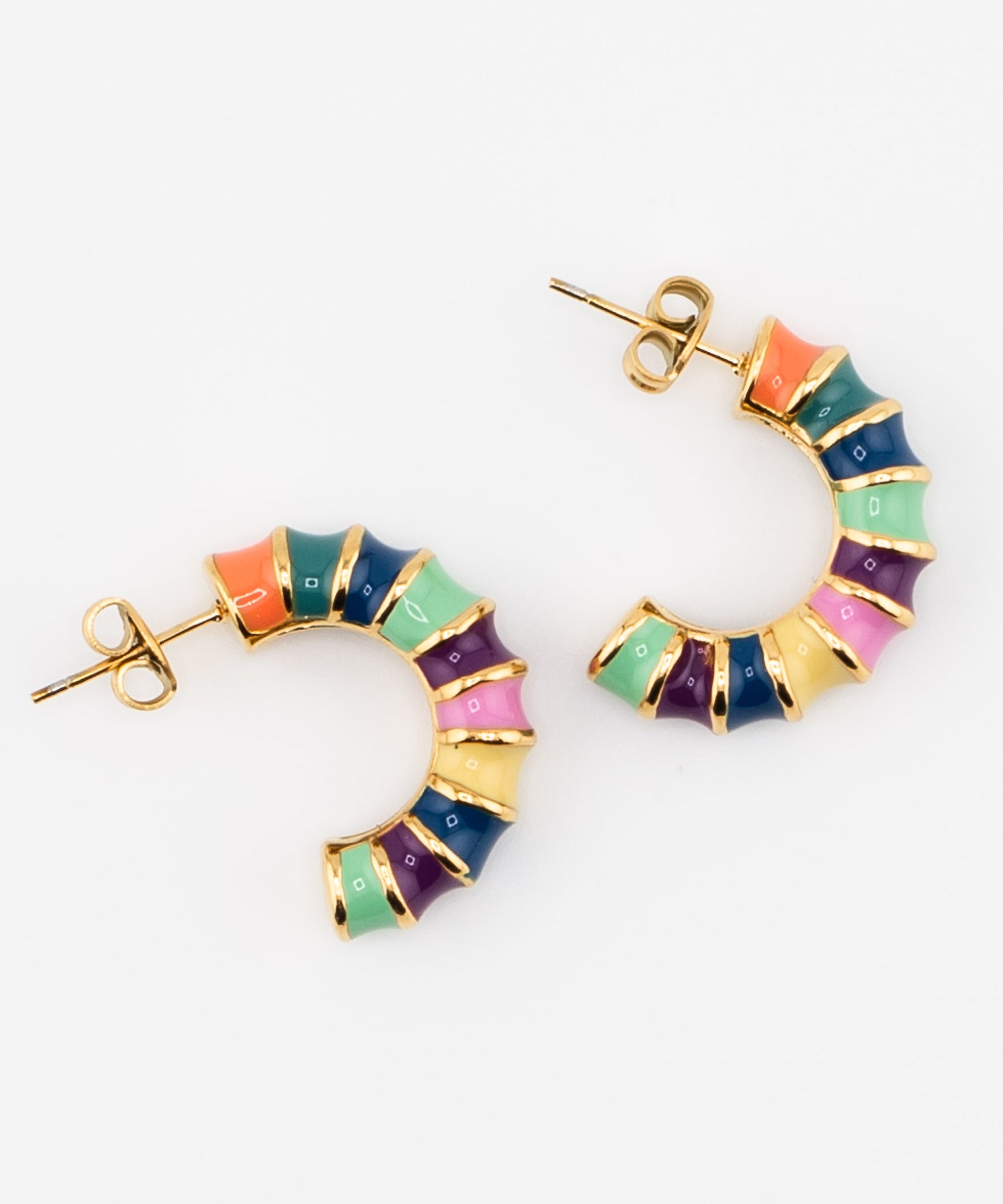Colorful hoop earrings with gold, green, yellow, orange and blue accents by Kaleidoscope Living.