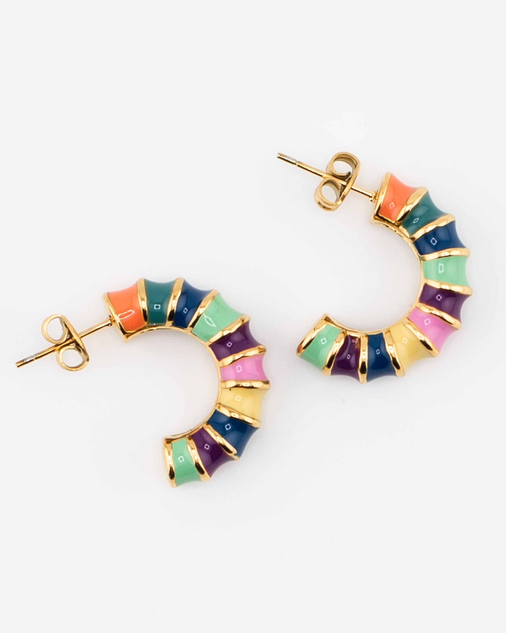 Colorful hoop earrings with gold, green, yellow, orange and blue accents by Kaleidoscope Living.