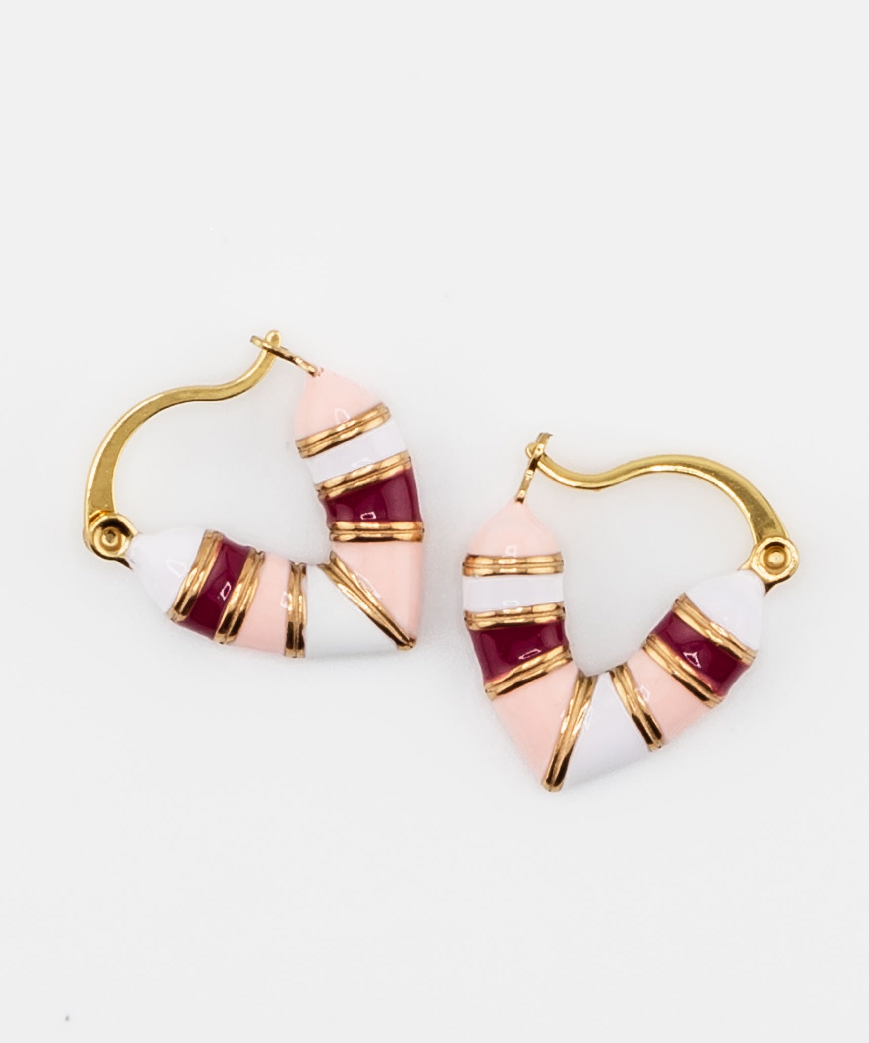 Pair of gold, pink and burgundy striped heart shaped huggies by Kaleidoscope Living.