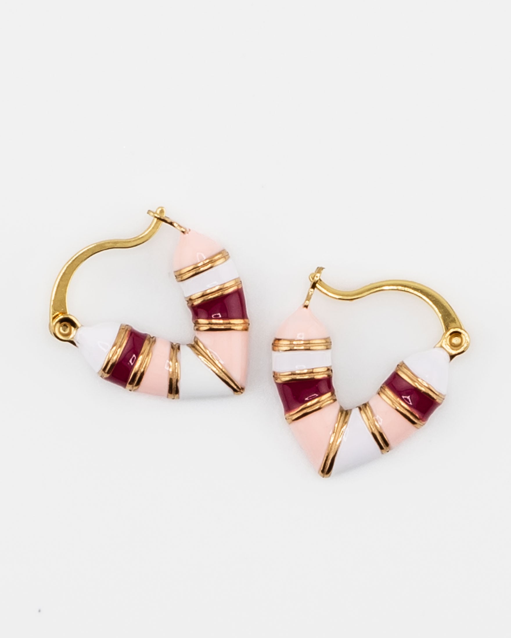 Pair of gold, pink and burgundy striped heart shaped huggies by Kaleidoscope Living.