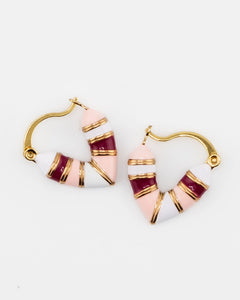 Pair of gold, pink and burgundy striped heart shaped huggies by Kaleidoscope Living.