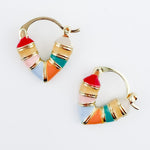 Gold heart-shaped huggie hoop earrings with multicolor enamel detailing in shades of pink, blue, orange, yellow and teal.