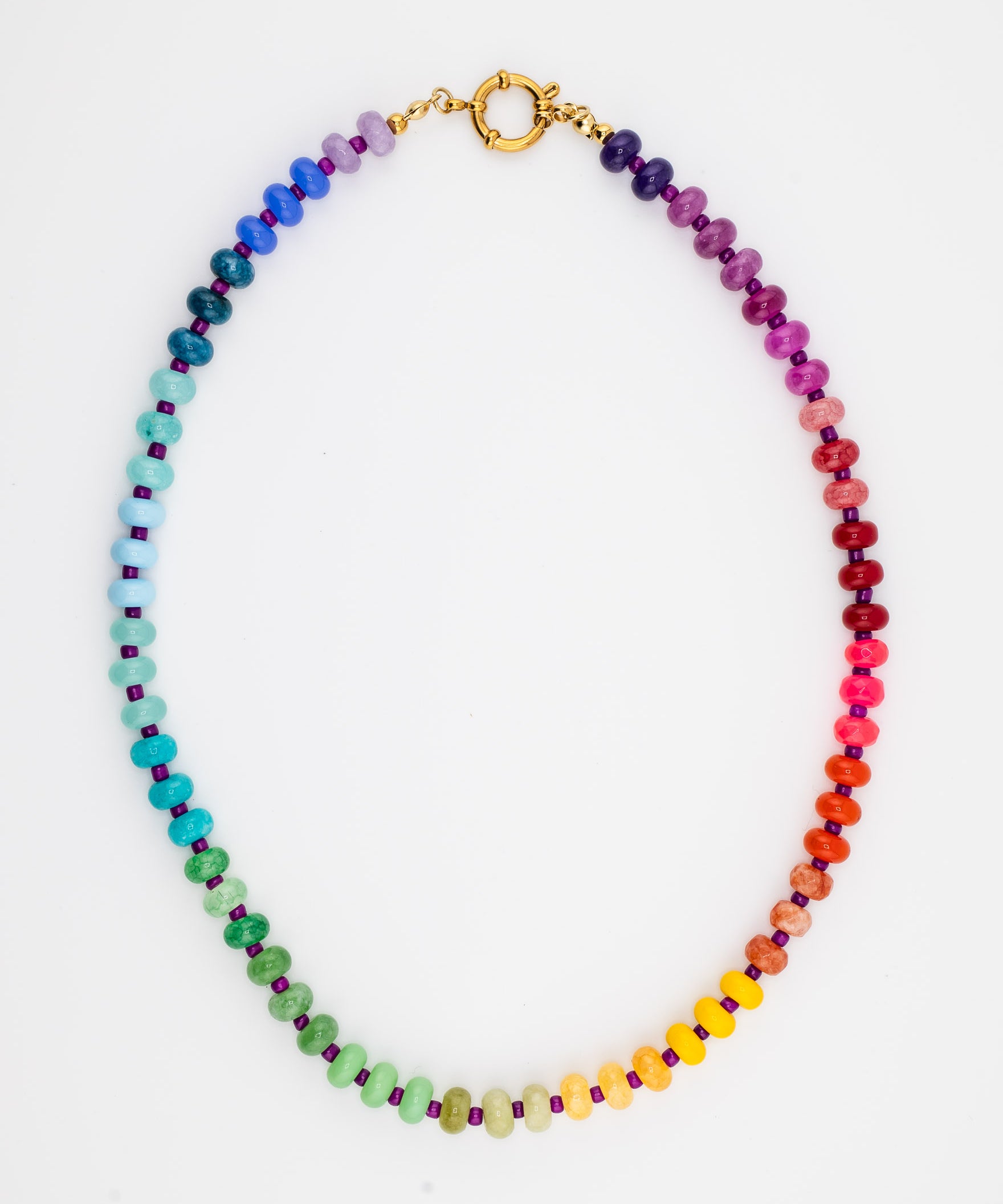 Rainbow beaded statement necklace with gold clasp by Kaleidoscope Living.