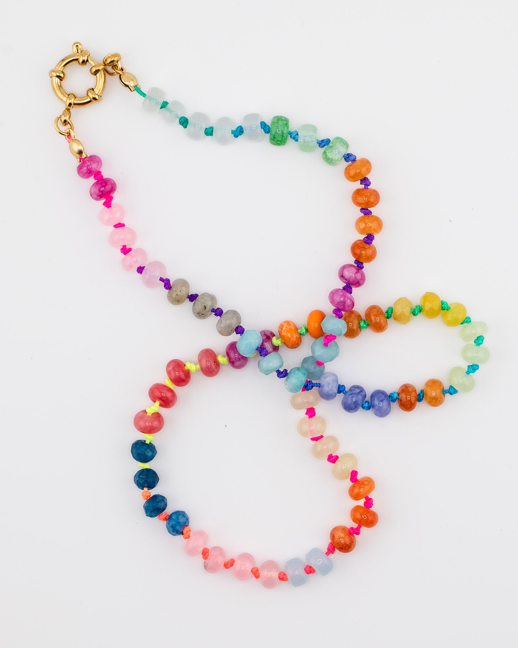 Multicolored beaded necklace with a neon color changing cord and gold clasp by Kaleidoscope Living