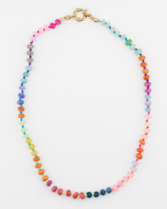 Multicolored beaded necklace with a neon color changing cord and gold clasp.