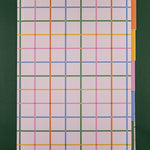 A hardcover notebook with a pale pink cover featuring a colorful plaid pattern and five colorful tabbed sections against a dark green background.