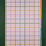A hardcover notebook with a pale pink cover featuring a colorful plaid pattern and five colorful tabbed sections against a dark green background.
