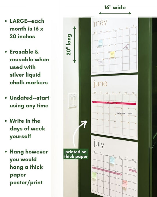 Reusable Large White Wall Calendar | 16 x 20 inches | Undated ...